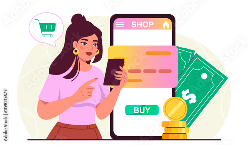 Online purchase concept. Woman with smartphone and debit card buys goods on Internet. Cashless transfers and transactions. Electronic commerce and marketing. Flat vector illustration