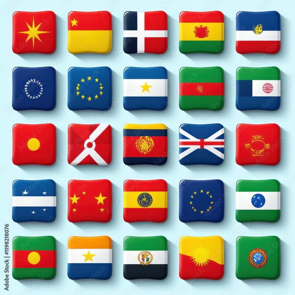 International Flags Collection in Minimalist Design with High Contrast Lighting