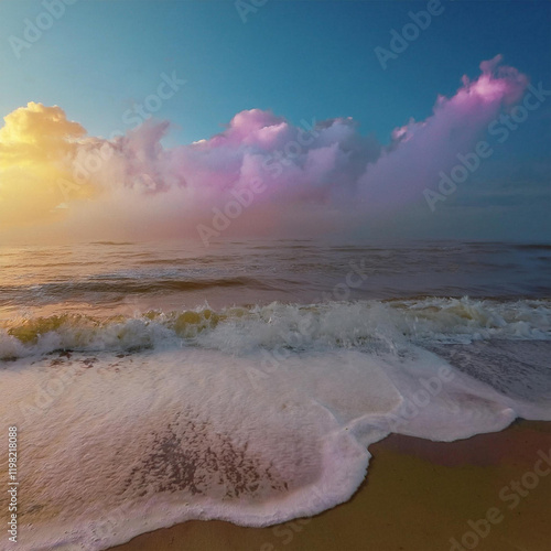 Beach Ocean Waves with Colorful Clouds - Vibrant Seaside Landscape