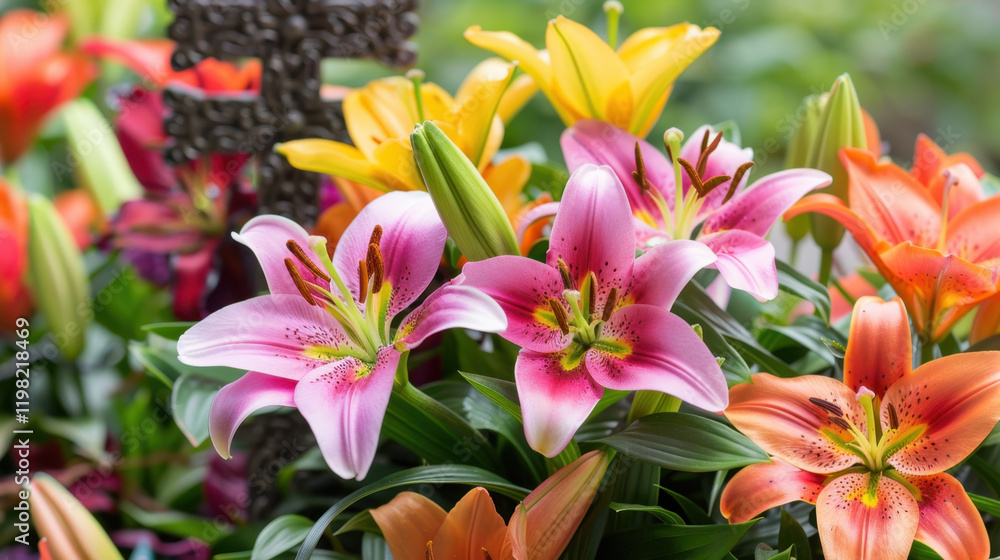 Beautiful arrangement of colorful lilies in garden setting, showcasing vibrant pink, orange, and yellow flowers with lush green leaves, creating cheerful atmosphere Beautiful arrangement of colorful lilies in garden setting, showcasing vibrant pink, orange, and yellow flowers with lush green leaves, creating cheerful atmosphere