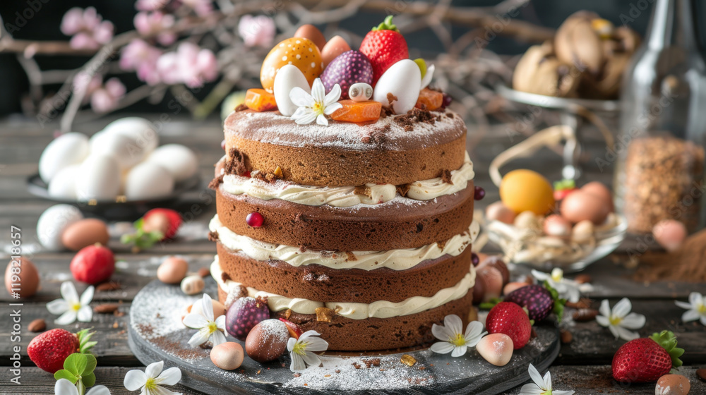 Delicious layered chocolate cake topped with fresh strawberries, eggs, and flowers, perfect for celebrations and gatherings. delightful treat for any occasion Delicious layered chocolate cake topped with fresh strawberries, eggs, and flowers, perfect for celebrations and gatherings. delightful treat for any occasion