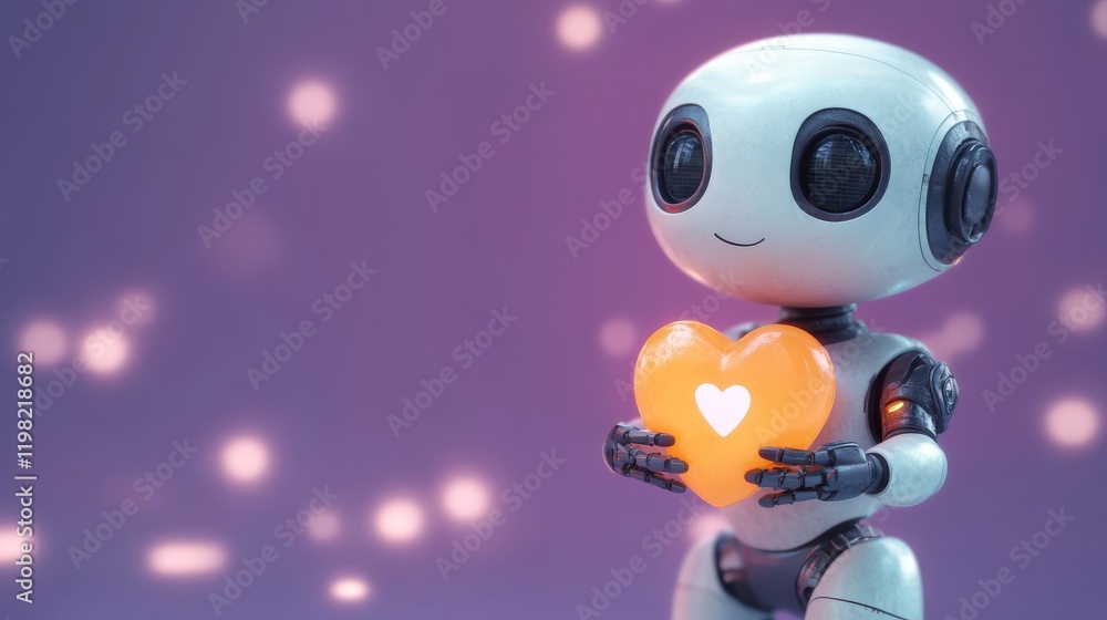 Fototapeta premium Robot holding heart shape on bokeh background, Valentine's day concept