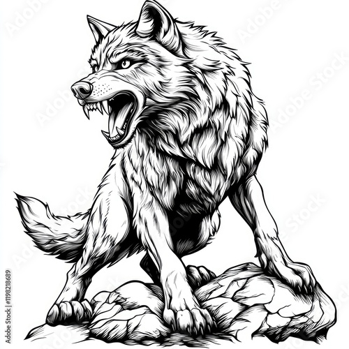 Majestic Lone Wolf: A Black and White Ink Drawing of a Powerful Predator in its Natural Habitat