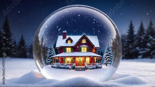 Animated christmas snow globe with a tree and house inside