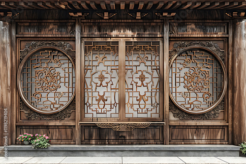 decorative room divider, product design features a wooden hollow screen with a pattern depicting the old city of jiaohe, including city wall, gate, and pagoda, on a white background photo