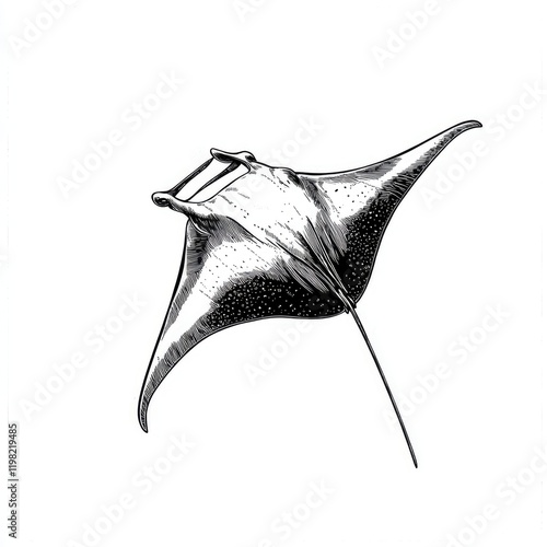 Majestic Manta Ray: A Black and White Ink Drawing of an Ocean Giant.  A Stunning Wildlife Illustration, Perfect for Nature Lovers and Art Enthusiasts. photo