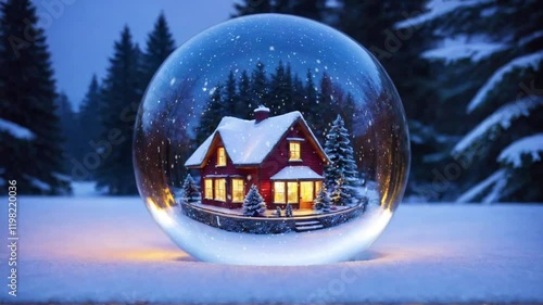 Crystal ball, snowball with snowy Christmas tree inside. Animation of christmas snowflakes falling over snow globe on blured background. 4K Video