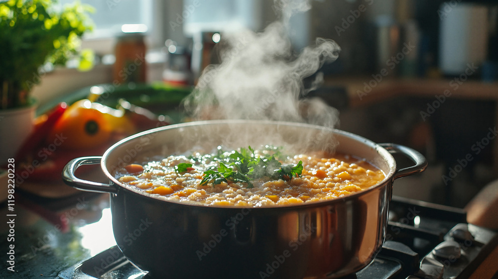 Lentil stew cooking, steaming pot, fresh herbs, cozy kitchen setting, copy space Lentil stew cooking, steaming pot, fresh herbs, cozy kitchen setting, copy space