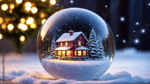 Animated christmas snow globe with a tree and house inside