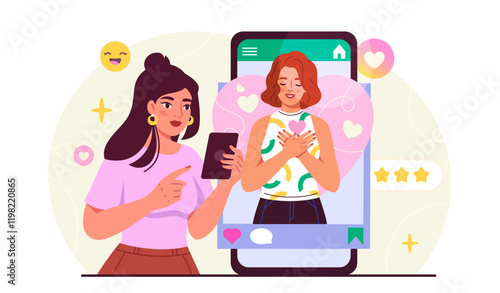 Social media woman. Young girl evaluates photo on Internet. User likes post on social networks. Popular blogger and influencer. Follower looks at photo. Flat vector illustration