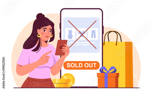 Sold out concept. Woman with smartphone cannot buy clothes in online store. Product out of stock. Online shopping and electronic commerce, retail. Flat vector illustration