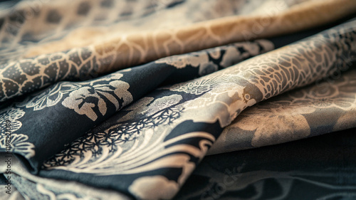 Yukata outfit fabric, intricate floral patterns, layered textile, elegant design, copy space photo