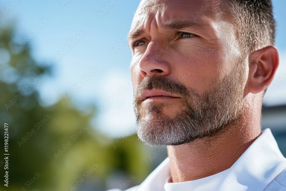 Obraz premium A confident man stands outdoors, showcasing a strong presence and contemplation against a vibrant natural backdrop, symbolizing clarity, confidence, and self-assuredness.