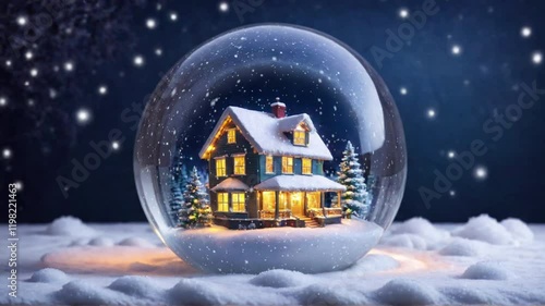 Crystal ball, snowball with snowy Christmas tree inside. Animation of christmas snowflakes falling over snow globe on blured background. 4K Video