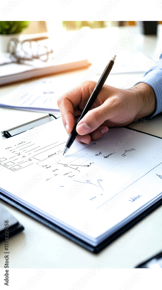 A hand writing notes on a clipboard with graphs and data, symbolizing analysis and planning in a professional setting. A hand writing notes on a clipboard with graphs and data, symbolizing analysis and planning in a professional setting.