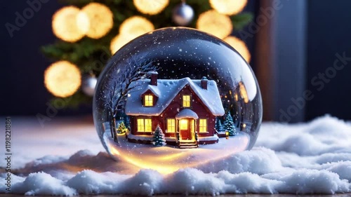 Animated christmas snow globe with a tree and house inside
