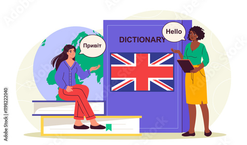 Woman learning language. Young girl sits on stack of books next to dictionary. Education, learning and training. Tourist preparing for travel and travel. Flat vector illustration