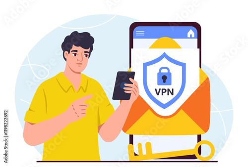 Man with vpn. Young guy with mobile application for smartphone. Virtual private network. Internet safety and security. Personal data protection and bypass blocking. Flat vector illustration