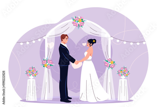 Wedding day concept. Man in suit and woman in white dress holding hands. Love and romance. Wedding ceremony. Husband and wife, newlyweds. Holiday and festival. Flat vector illustration