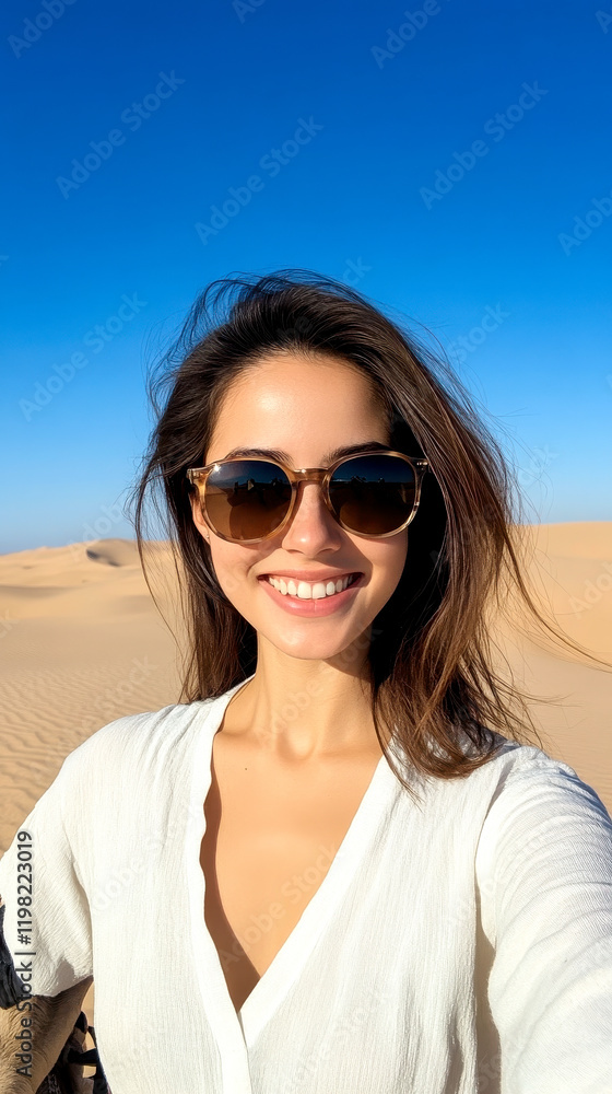 A smiling woman in sunglasses stands in a desert landscape, with clear blue skies and sandy dunes in the background. A smiling woman in sunglasses stands in a desert landscape, with clear blue skies and sandy dunes in the background.