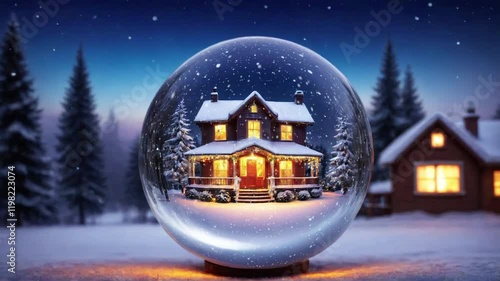 Crystal ball, snowball with snowy Christmas tree inside. Animation of christmas snowflakes falling over snow globe on blured background. 4K Video