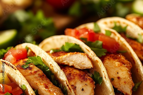 Delicious Grilled Chicken Tacos with Fresh Cilantro and Tomato Filling : Generative AI photo