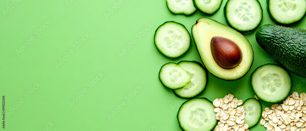 Fresh avocado and cucumber slices arranged on a vibrant green background, showcasing healthy ingredients perfect for salads or smoothies. Fresh avocado and cucumber slices arranged on a vibrant green background, showcasing healthy ingredients perfect for salads or smoothies.