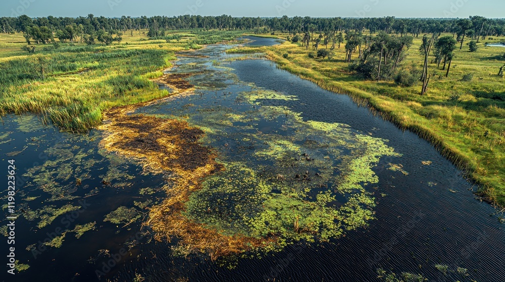 Aerial View of Okavango Delta's Serene Waterways Aerial View of Okavango Delta's Serene Waterways