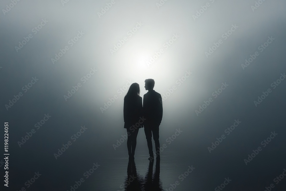 Obraz premium Silhouette of a couple standing hand-in-hand in a foggy landscape, facing each other.