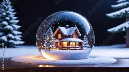 Crystal ball, snowball with snowy Christmas tree inside. Animation of christmas snowflakes falling over snow globe on blured background. 4K Video