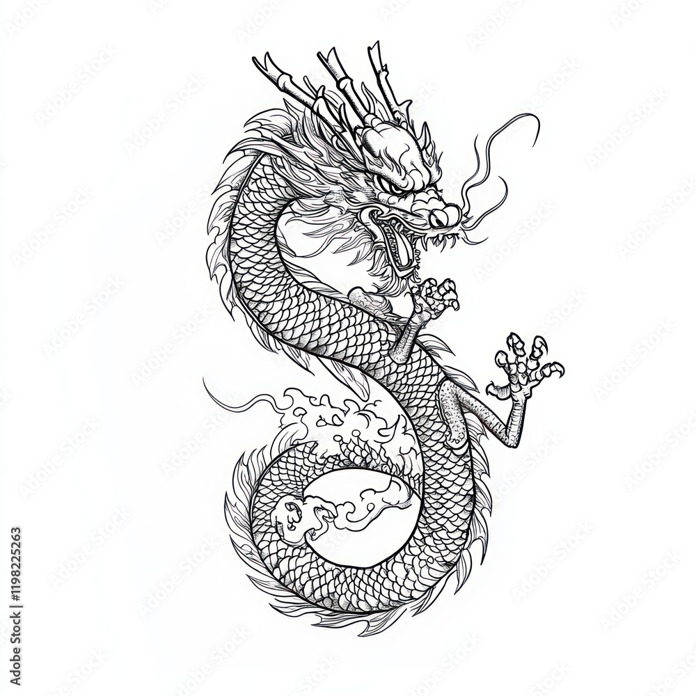 Line art of a dragon with flames on white. Illustration for mythical story books Line art of a dragon with flames on white. Illustration for mythical story books