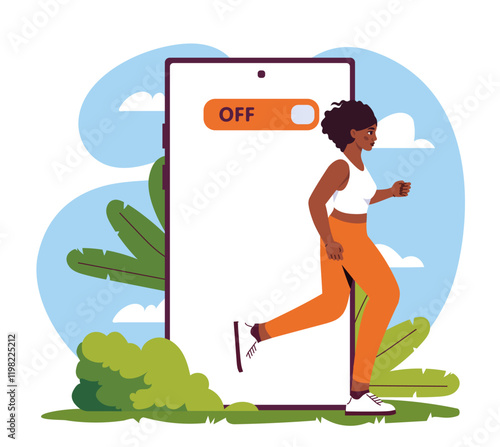 Concept of digital detox. Woman near smartphone screen. Fighting addiction to messengers and social networks. Breaking bad habits. Care about mental health. Flat vector illustration