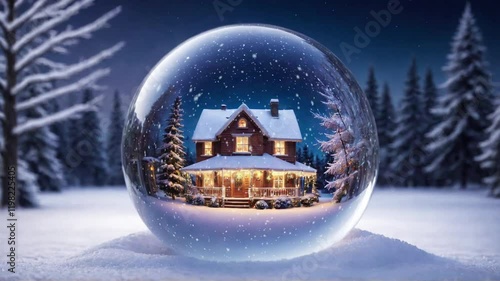 Animated christmas snow globe with a tree and house inside