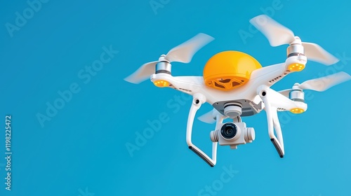 Drone in Flight with Camera Against a Bright Blue Sky Background