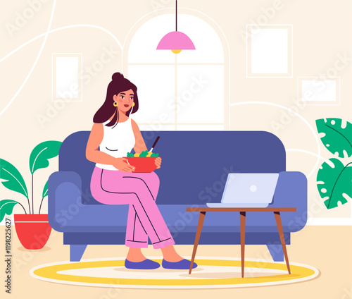 Dinner on sofa. Woman sitting with bowl of salad and watch movies and series on laptop. Young girl with healthy eating with vitamins. Proper diet and nutrition. Flat vector illustration