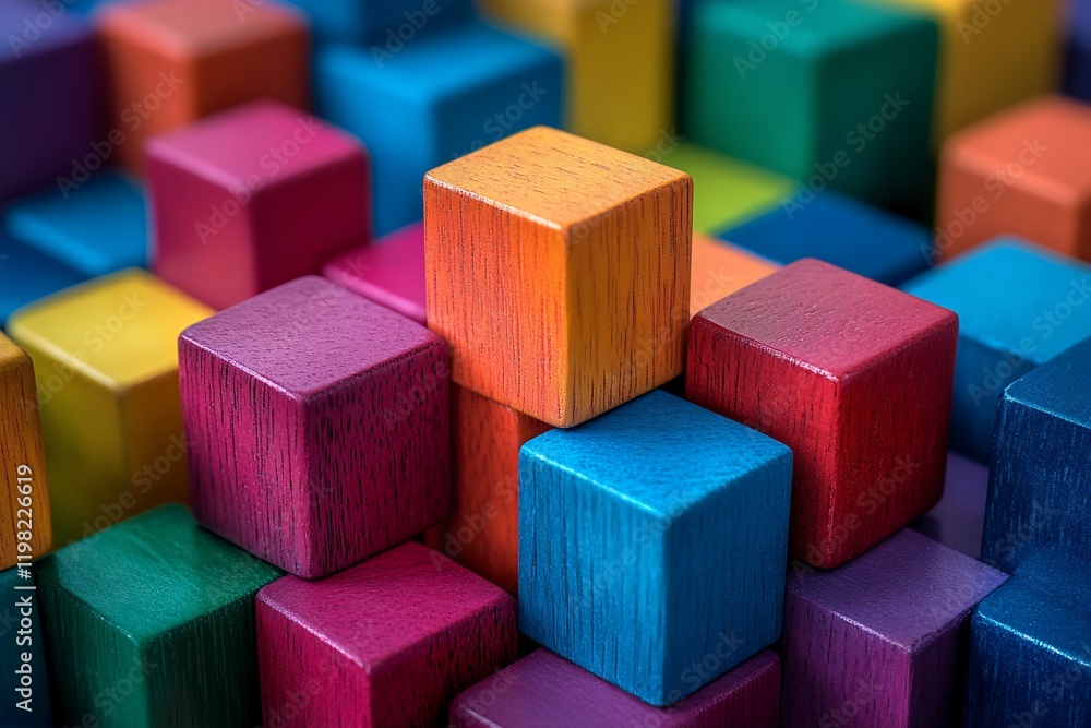 Obraz premium Colorful wooden blocks, structured pyramid, close-up, business concept