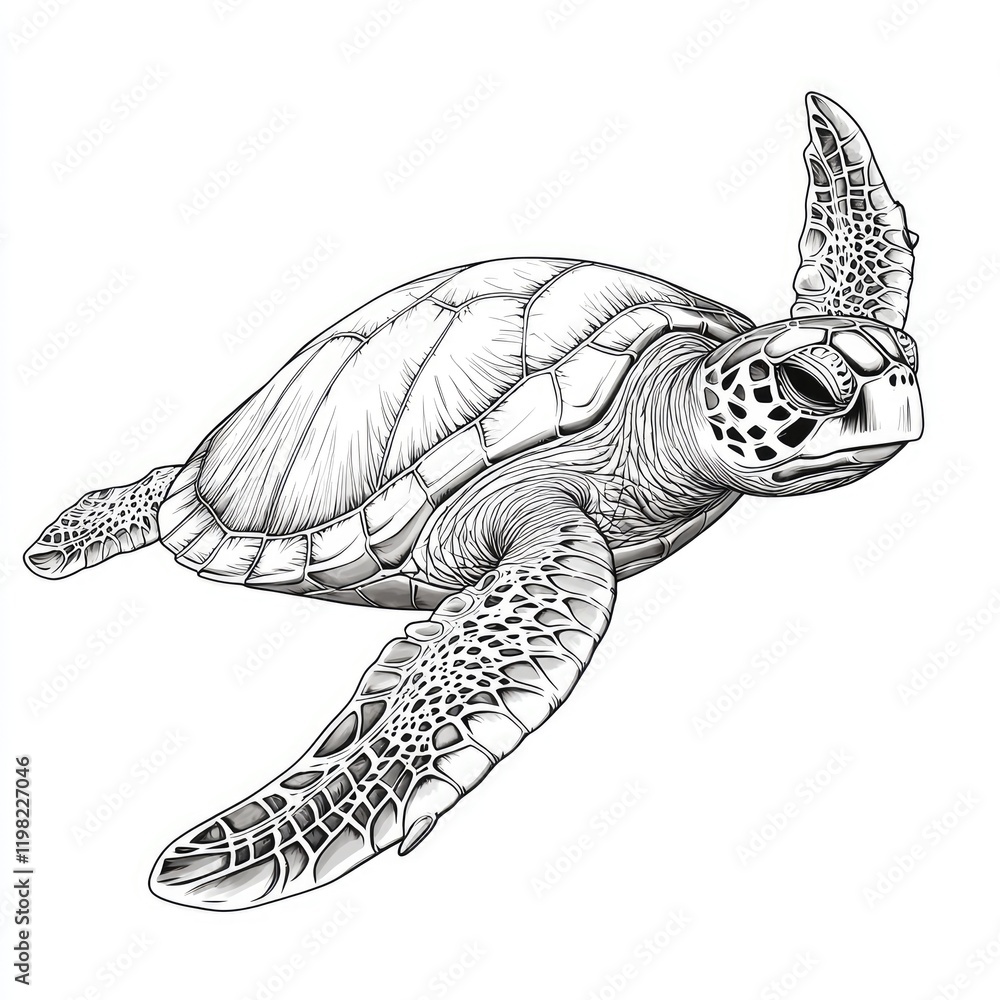 Obraz premium Majestic Sea Turtle: A Detailed Ink Drawing of a Graceful Ocean Creature. Perfect for nature lovers and art enthusiasts.