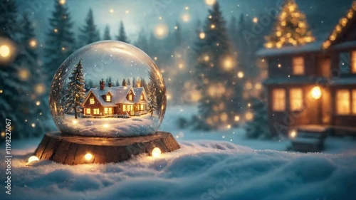 Crystal ball, snowball with snowy Christmas tree inside. Animation of christmas snowflakes falling over snow globe on blured background. 4K Video