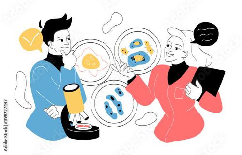Team of immunologists. Man and woman in medical uniform studying viruses and bacteria. Scientific experiments in laboratory. Healthcare and medicine. Linear vector illustration