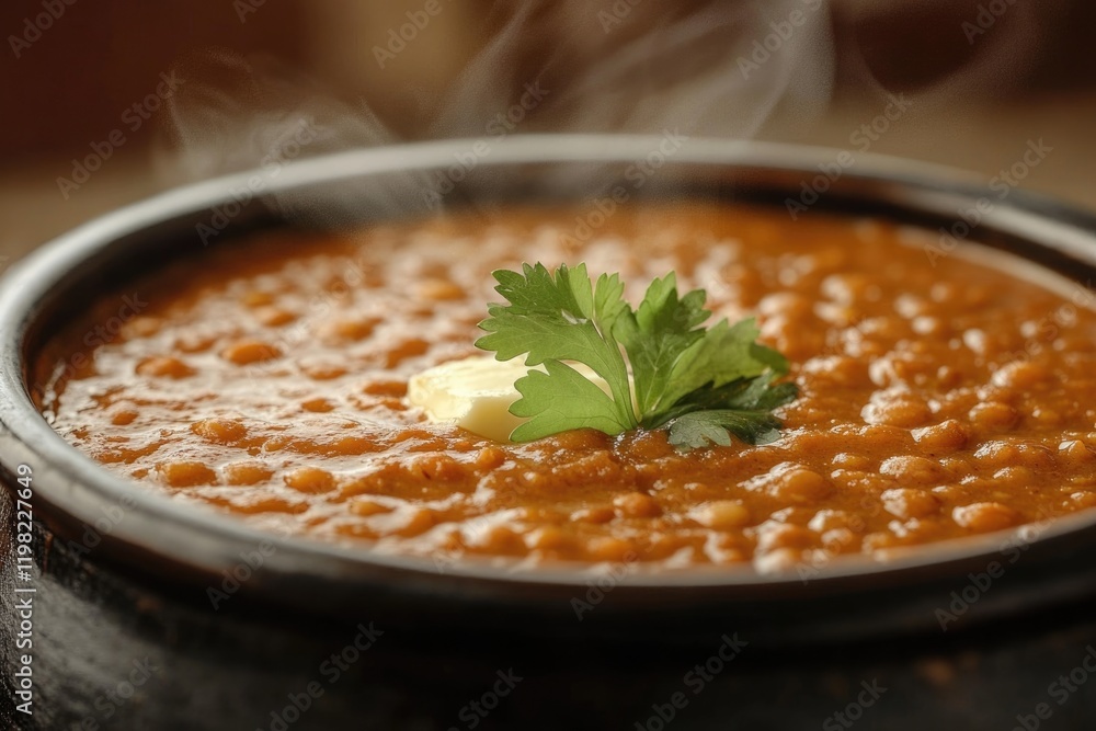 A bowl of steaming Dal Makhani, garnished with cilantro and butter, Indian cuisine. A bowl of steaming Dal Makhani, garnished with cilantro and butter, Indian cuisine.