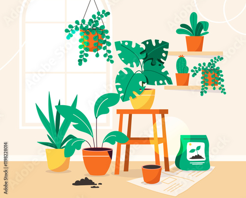 Indoor houseplants concept. Tropical and exotic plants in flowerpots. Comfort and coziness indoors. Decor elements in greenhouse. Botany and horticulture. Flat vector illustration