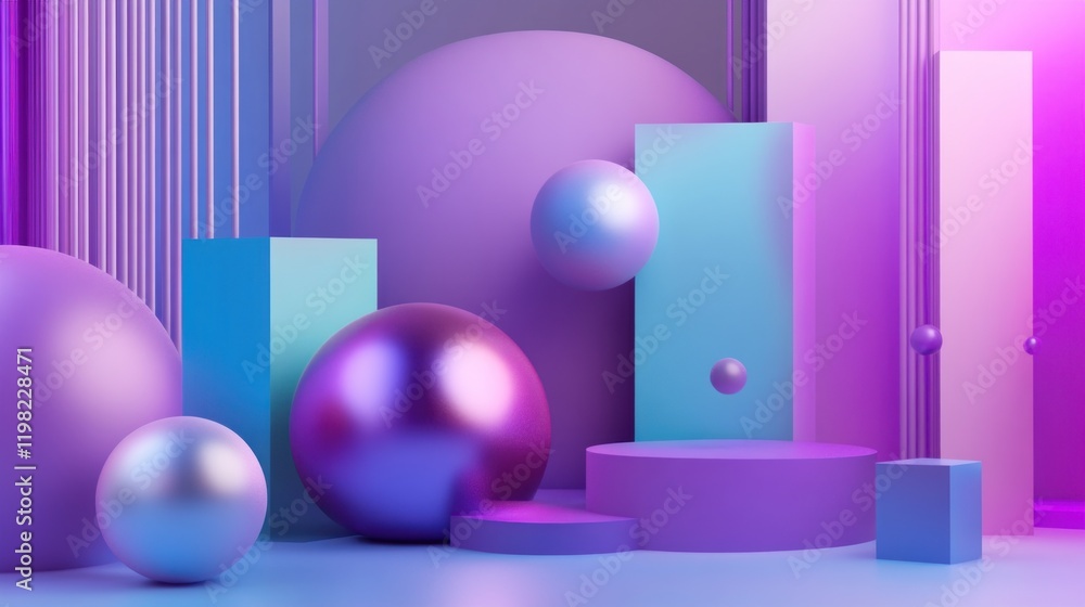 Abstract 3D render of purple, blue spheres, geometric shapes, and vibrant lighting. Abstract 3D render of purple, blue spheres, geometric shapes, and vibrant lighting.