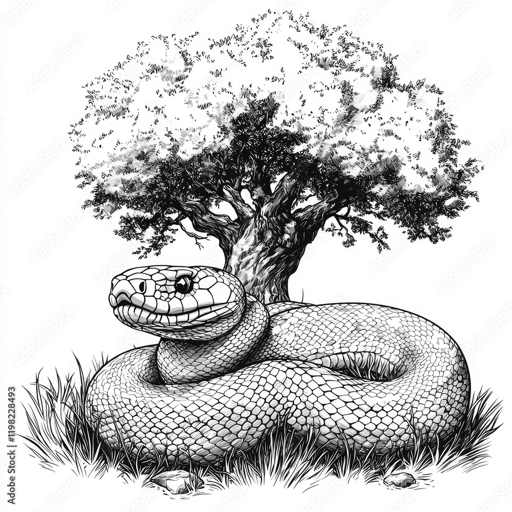 Obraz premium Majestic Snake Coiled Underneath a Mighty Tree: A Black and White Masterpiece of Nature's Beauty