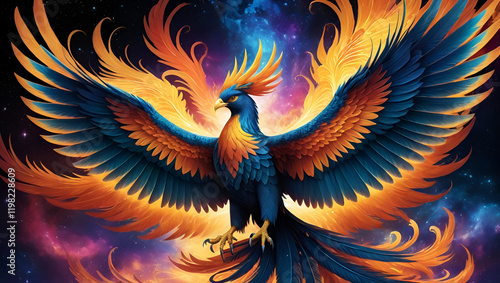 A magnificent phoenix rises against a cosmic backdrop, symbolizing rebirth and immortality in a vibrant display. photo