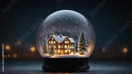Crystal ball, snowball with snowy Christmas tree inside. Animation of christmas snowflakes falling over snow globe on blured background. 4K Video