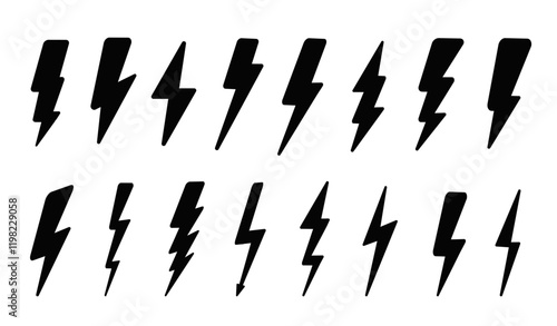 Lightning bold icons set. Energy and electricity, speed. Flash arrow. Charging and voltage. Thunderbolt and storm. Force and strike. Linear vector collection