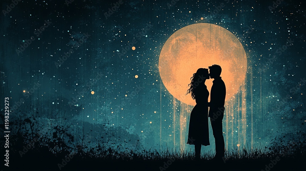 Fototapeta premium Couple kissing under moonlit night sky, romantic scene, starry background, ideal for love-themed projects