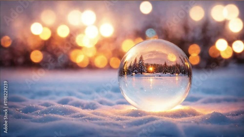 Crystal ball, snowball with snowy Christmas tree inside. Animation of christmas snowflakes falling over snow globe on blured background. 4K Video