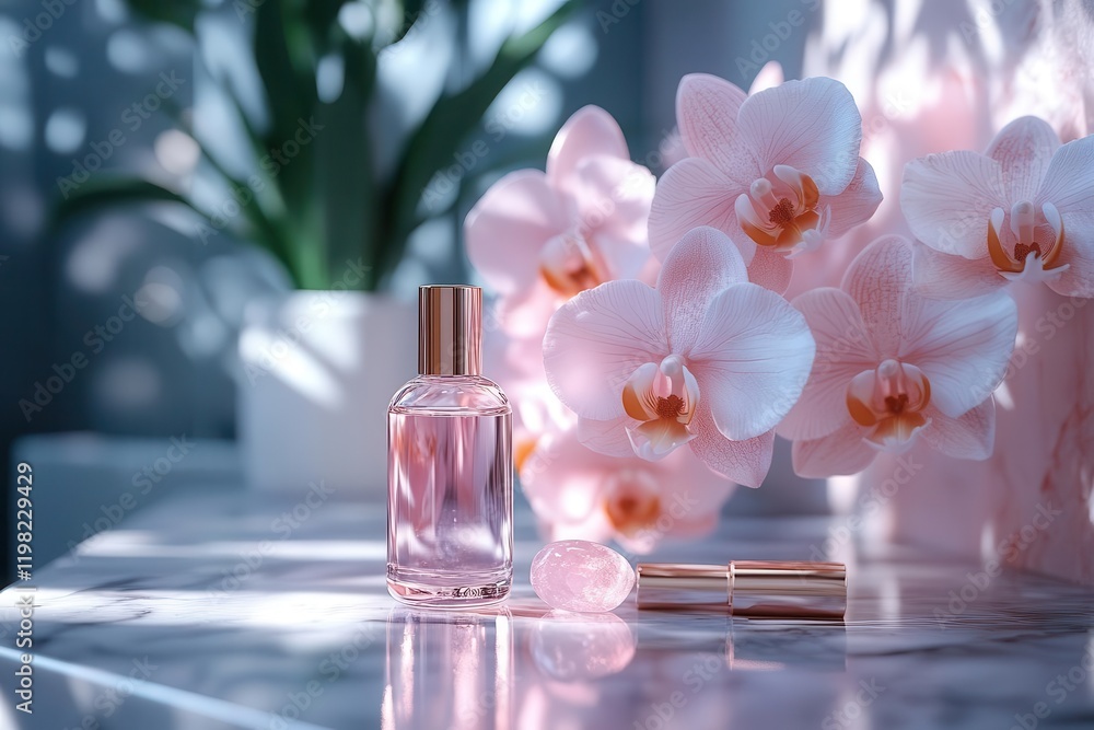 modern minimalist skincare still life with crystal bottles rose quartz tools and white orchids on marble surface in soft morning light modern minimalist skincare still life with crystal bottles rose quartz tools and white orchids on marble surface in soft morning light