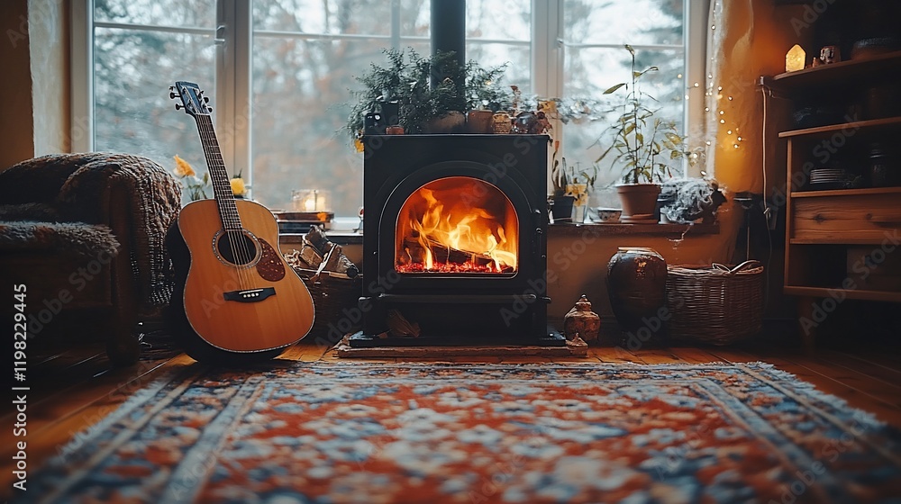 Obraz premium Cozy autumn fireplace, guitar, home interior